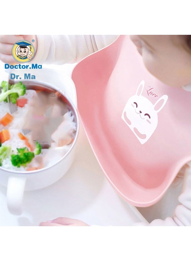 Doctor Ma Dr. Ma, Baby Bib, Silicone Bib, Infant Feeding Bib, Children's Waterproof Cover-up, Pink Rabbit - Image 1