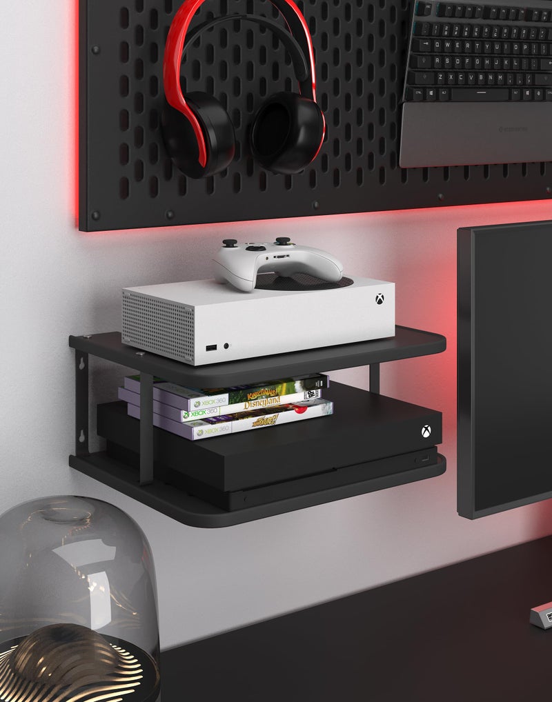 AREAJD Black Projector Wall Shelf/Floating Under TV Game Double Shelf Stand for Xbox, Router/Entertainment Center, Projector Holder Accessories - Image 1