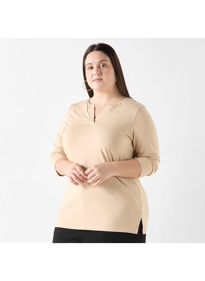 Ulla Popken Plus Size Ulla Popken Solid V-neck 3/4 Sleeves T-shirt  - Image 1