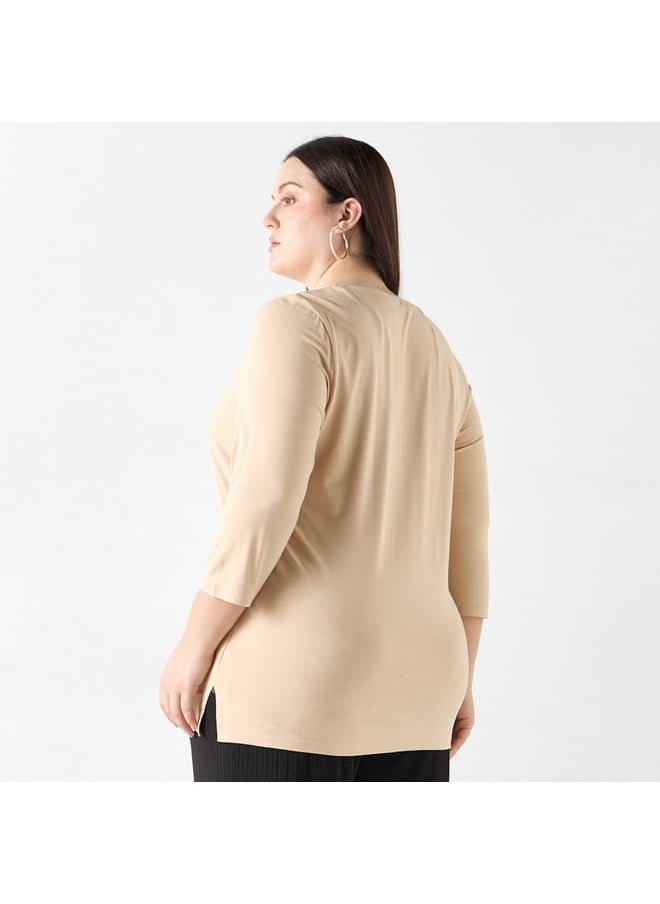 Ulla Popken Plus Size Ulla Popken Solid V-neck 3/4 Sleeves T-shirt  - Image 3