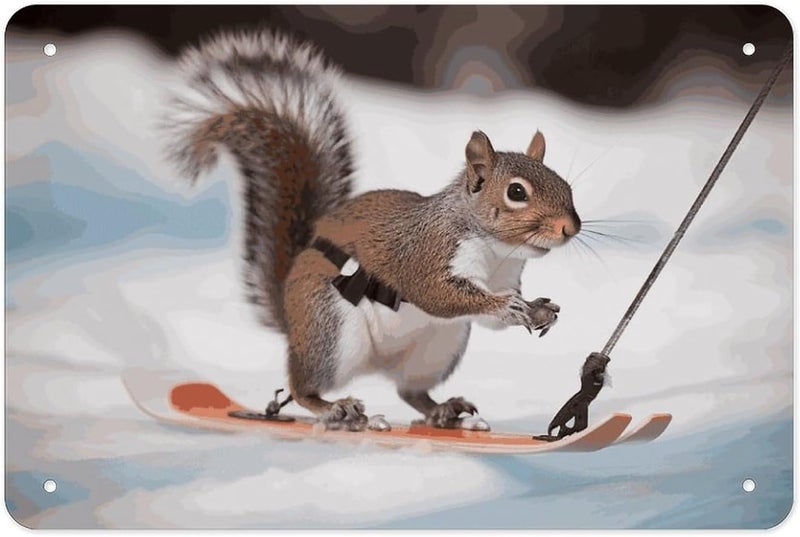PNHDGBO Skiing SquirrelTin Sign Iron Sheet Painting Unframed 11.8x7.9 Inch Metal Poster Wall Decor Iron Painting Wall Prints for Living Room Bedroom Office Home Decor - Image 1