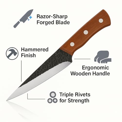 Machado Utility Knife | Hammered Stainless Steel Kitchen Knife with Wooden Handle | Sharp Multipurpose Knife for Cutting, Slicing & Chopping | Professional Chef & Home Use - Image 3
