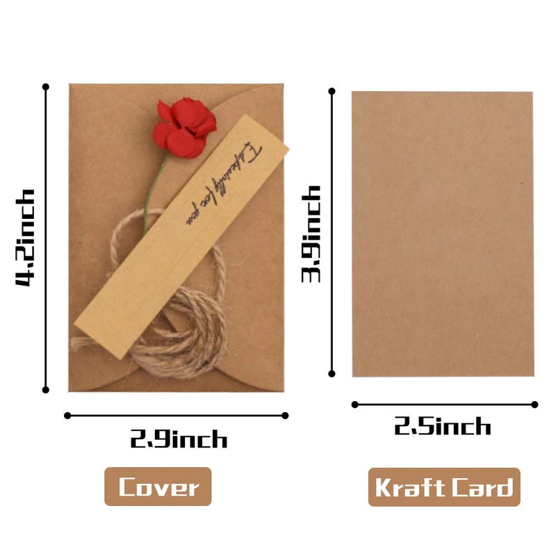 JOHOUSE 50PCS Brown Gift Card Envelopes with Dried Flowers- 4.2" x 2.9" Mini Envelops with Heart Clasp for Women, Wedding,Birthday, Baby Showers, Invitation Wish Card, Graduation - Image 2