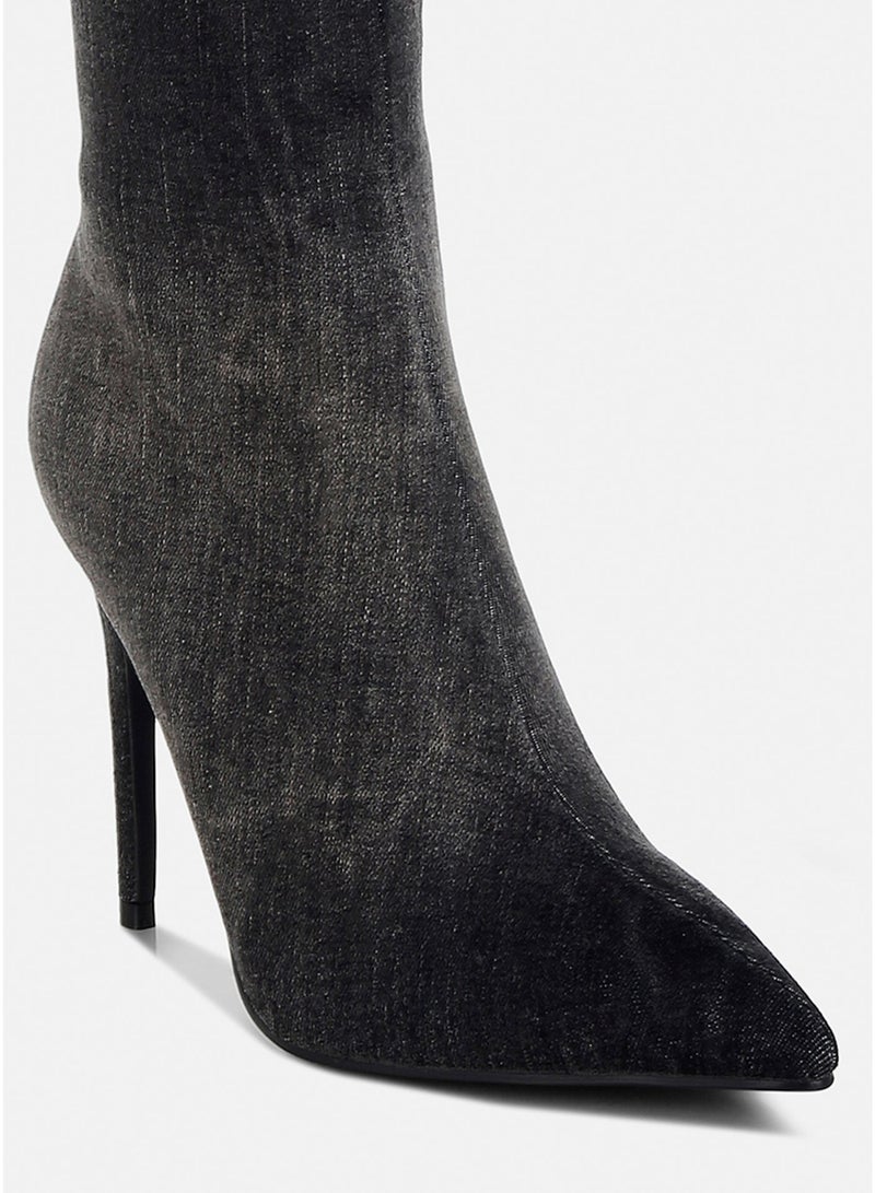 London Rag Rhinestones Knee High Denim Boots in Black - Image 4