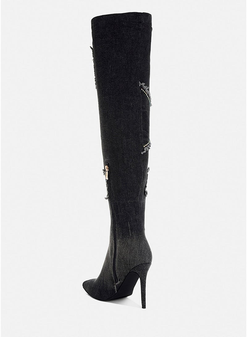 London Rag Rhinestones Knee High Denim Boots in Black - Image 3