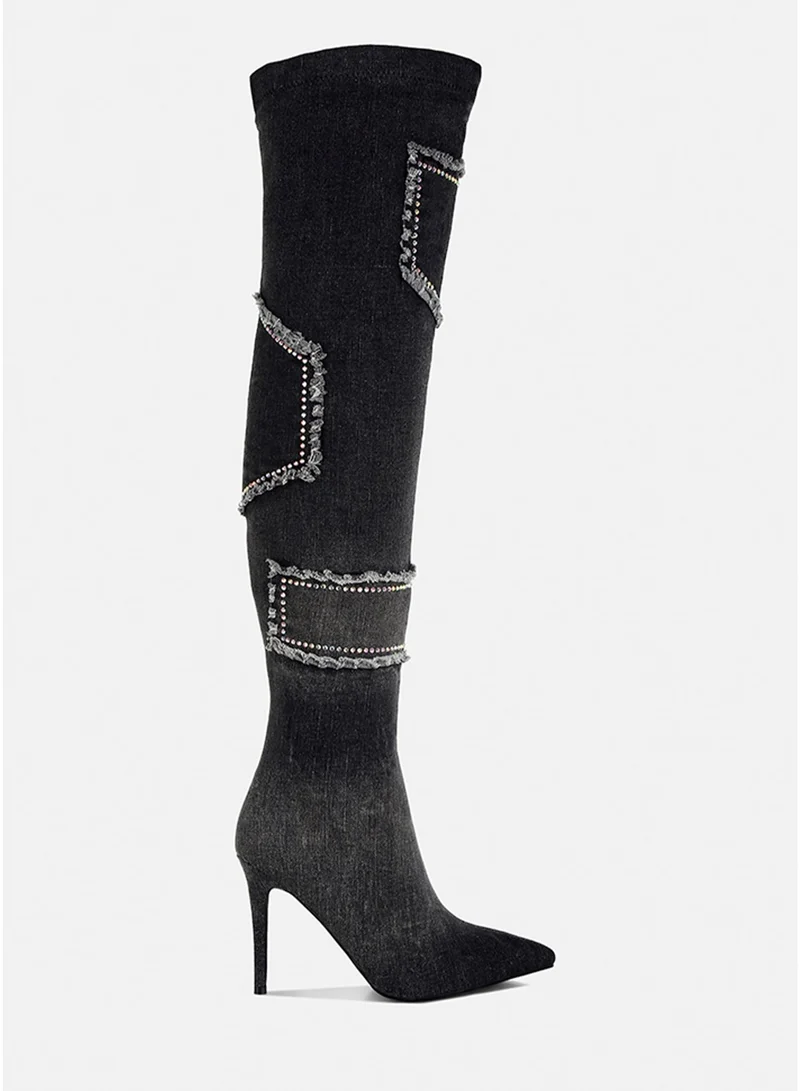 London Rag Rhinestones Knee High Denim Boots in Black