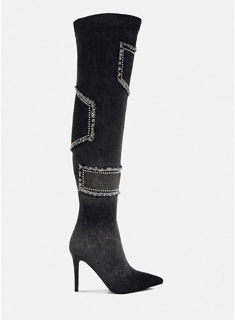 London Rag Rhinestones Knee High Denim Boots in Black - Image 1