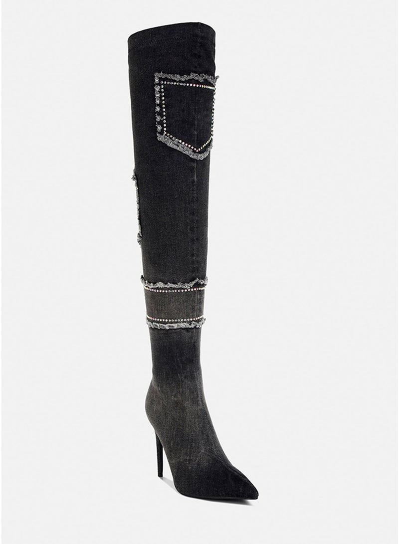 London Rag Rhinestones Knee High Denim Boots in Black - Image 2