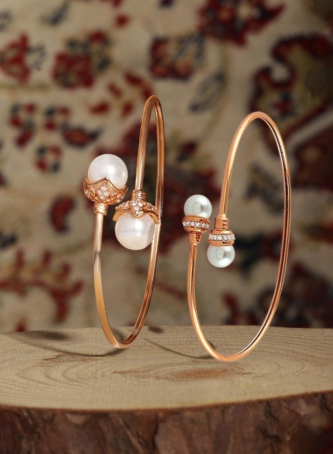 Zaveri Pearls طقم سوار زافيري بيرلز مكون من قطعتين، مصنوع من النحاس الأصفر، بلون ذهبي وردي، مرصع باللؤلؤ والزركونيا المكعبة، بتصميم عصري، للنساء - ZPFK17974 - Image 2