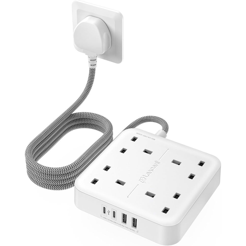 Extension Lead with 4 Way Outlets 3250W 13A Power Strip Home Office Use Black PVC Cable Overload Protection LED Indicator