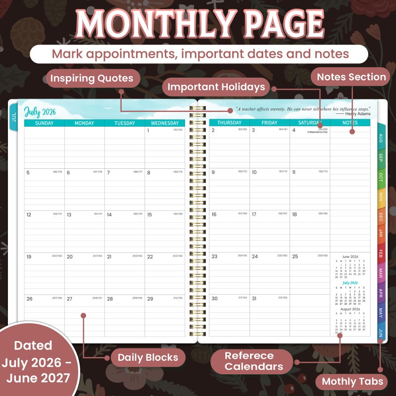 Artfan Teacher Planner 2026-2027 - Teacher Lesson Planner 2026-2027, July 2026 - June 2027, 8.5" x 11", Academic Planner for Teachers, Teacher Planner 26-27 Academic Year for School Year with Colorful Tabs and Inner Pocket - Pinecone - Image 3