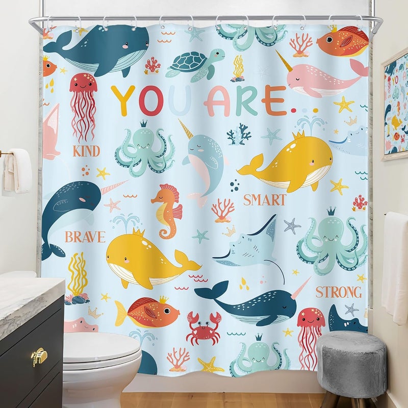 Riyidecor Kids Ocean Shower Curtain 72Wx72H Inch Cartoon Whale Motivational Quotes Brave Ocean Sealife Coral Sea Dolphin Octopus Cute Animal Bathroom Decor Fabric Polyester Waterproof 12 Pack Hooks - Image 4