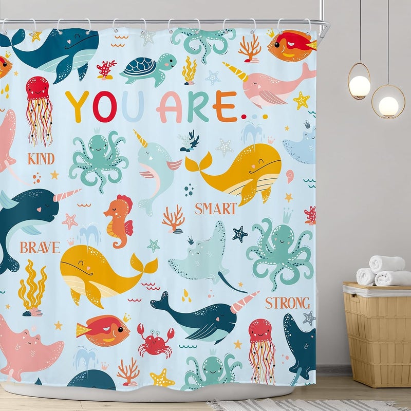 Riyidecor Kids Ocean Shower Curtain 72Wx72H Inch Cartoon Whale Motivational Quotes Brave Ocean Sealife Coral Sea Dolphin Octopus Cute Animal Bathroom Decor Fabric Polyester Waterproof 12 Pack Hooks - Image 2