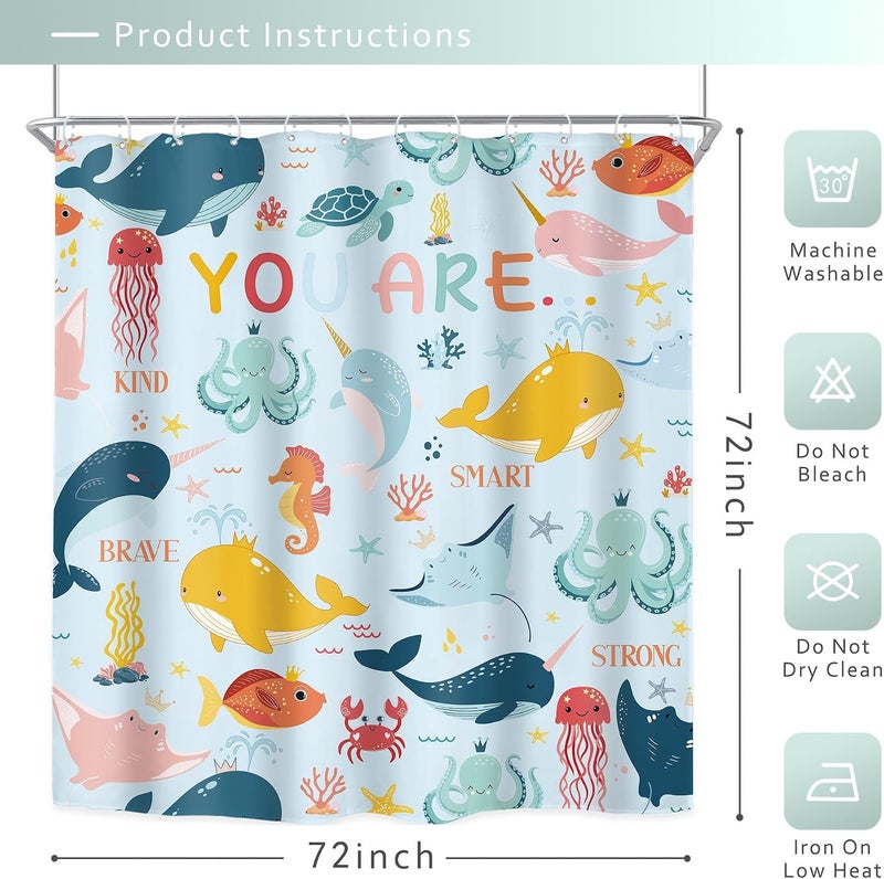 Riyidecor Kids Ocean Shower Curtain 72Wx72H Inch Cartoon Whale Motivational Quotes Brave Ocean Sealife Coral Sea Dolphin Octopus Cute Animal Bathroom Decor Fabric Polyester Waterproof 12 Pack Hooks - Image 5