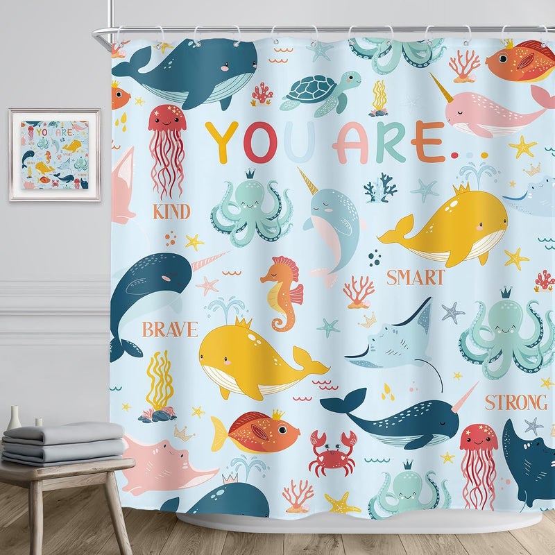 Riyidecor Kids Ocean Shower Curtain 72Wx72H Inch Cartoon Whale Motivational Quotes Brave Ocean Sealife Coral Sea Dolphin Octopus Cute Animal Bathroom Decor Fabric Polyester Waterproof 12 Pack Hooks - Image 3