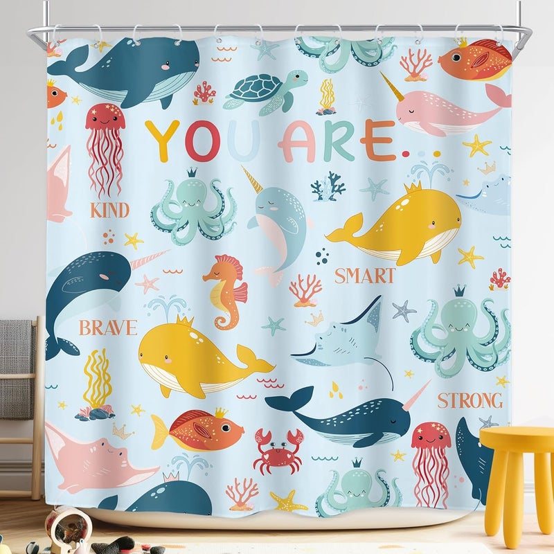 Riyidecor Kids Ocean Shower Curtain 72Wx72H Inch Cartoon Whale Motivational Quotes Brave Ocean Sealife Coral Sea Dolphin Octopus Cute Animal Bathroom Decor Fabric Polyester Waterproof 12 Pack Hooks - Image 1