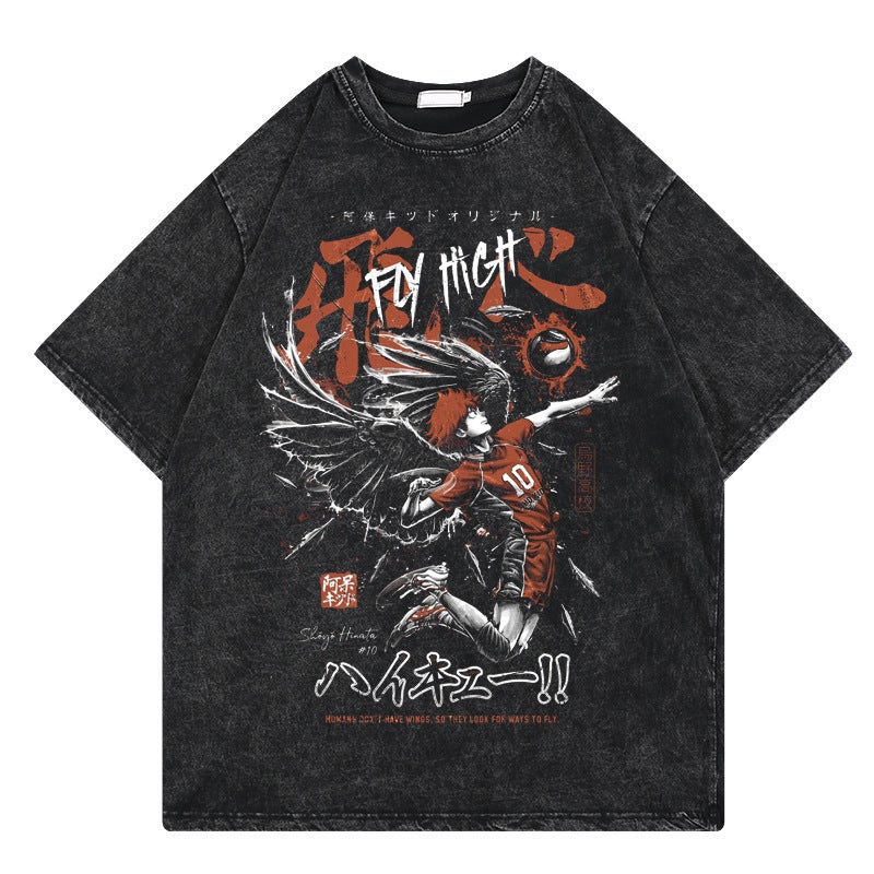 Casual Anime Retro Street Print Cartoon T Graphic Short Sleeve Teenager Washed Shirt Volleyball Cotton Hip Hop - Image 1