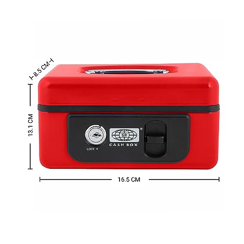 oddpod™ SR Taiwan Imported Metal Cash Box/Safe Locker Box for Jewellery, Money Box for Cash with Plastic Coin Storage Tray (Small Size) - Red - Image 2