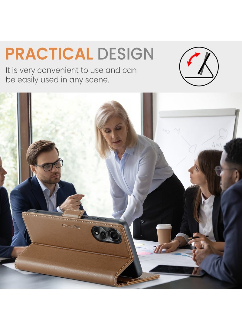 CaseMe Phone Case Luxury PU Leather Design Anti Fingerprint 023 Flip Cover Card Slot Holder Cover For Oppo A78 4g (Brown) - Image 3