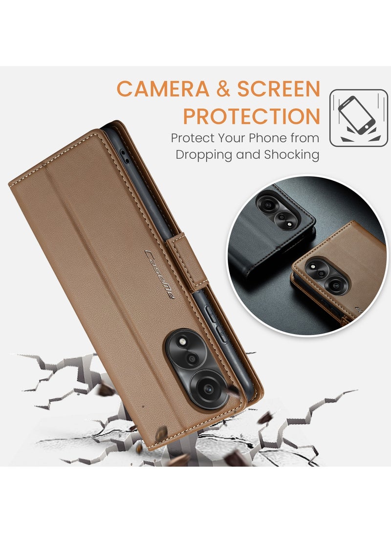 CaseMe Phone Case Luxury PU Leather Design Anti Fingerprint 023 Flip Cover Card Slot Holder Cover For Oppo A78 4g (Brown) - Image 5