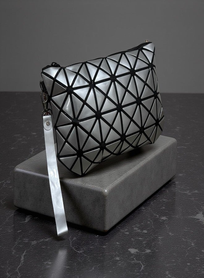 GLOSSY Geometric Pattern Holographic Pouch with Detachable Wrist Strap, Transformable Design, Makeup Pouch, Travel Pouch, Wallet, Wristlet (Silver) - Image 4