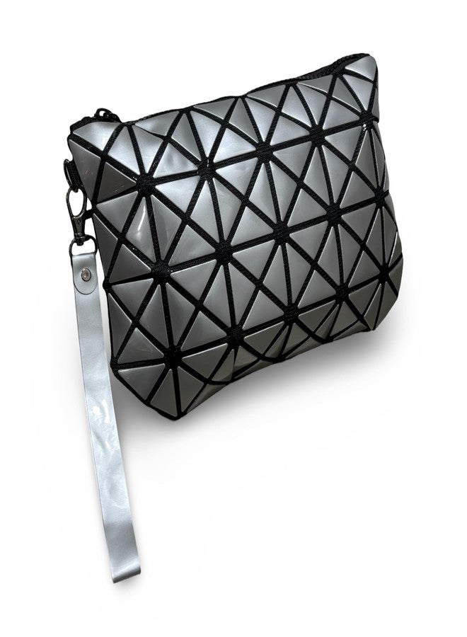 GLOSSY Geometric Pattern Holographic Pouch with Detachable Wrist Strap, Transformable Design, Makeup Pouch, Travel Pouch, Wallet, Wristlet (Silver) - Image 1