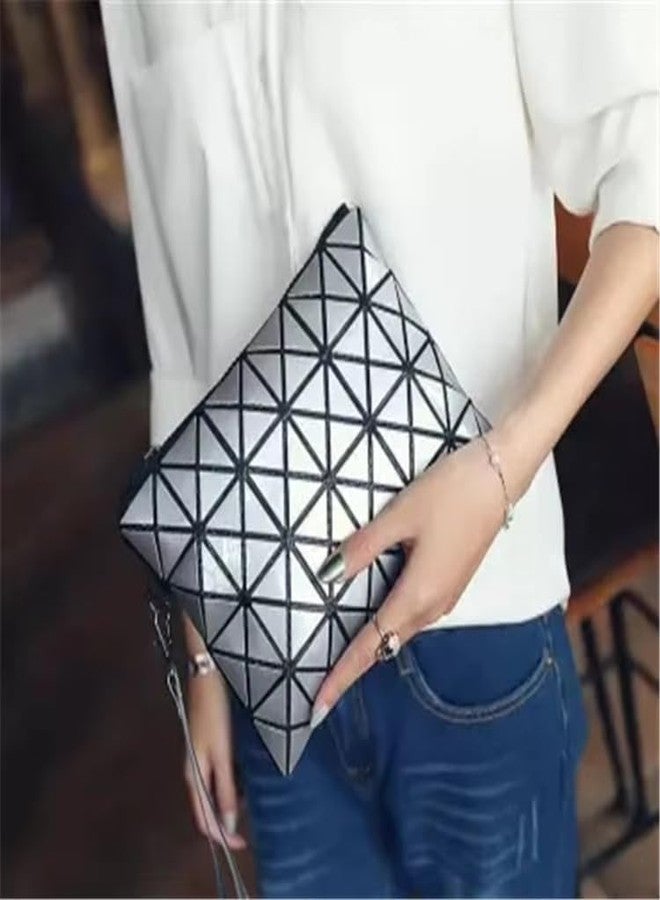 GLOSSY Geometric Pattern Holographic Pouch with Detachable Wrist Strap, Transformable Design, Makeup Pouch, Travel Pouch, Wallet, Wristlet (Silver) - Image 2