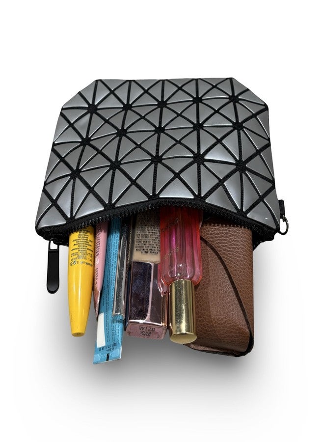 GLOSSY Geometric Pattern Holographic Pouch with Detachable Wrist Strap, Transformable Design, Makeup Pouch, Travel Pouch, Wallet, Wristlet (Silver) - Image 3
