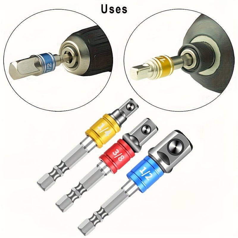 3Pcs Socket Adapter Extension Rod Set Hex Shank to Square Drive - Image 2