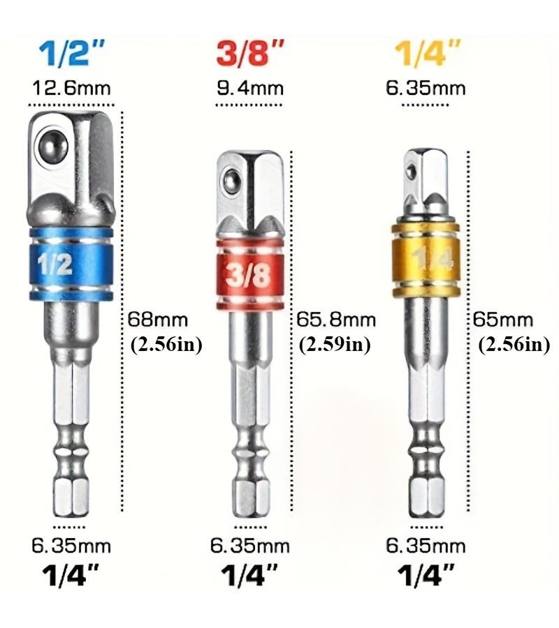 3Pcs Socket Adapter Extension Rod Set Hex Shank to Square Drive - Image 4
