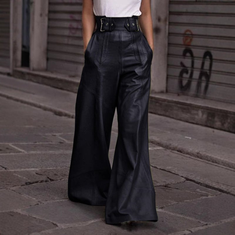 Trade Fashion Leather Pants Women'S High Waist Loose Pocket Waist Pu Leather Flared Pants Casual Trousers - Image 5