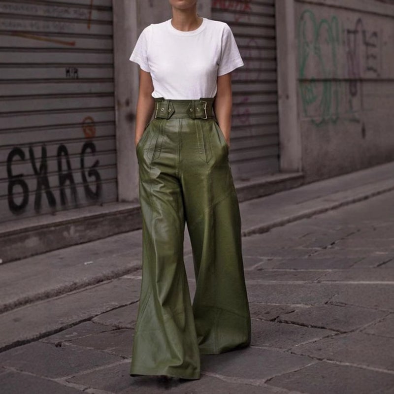 Trade Fashion Leather Pants Women'S High Waist Loose Pocket Waist Pu Leather Flared Pants Casual Trousers - Image 3