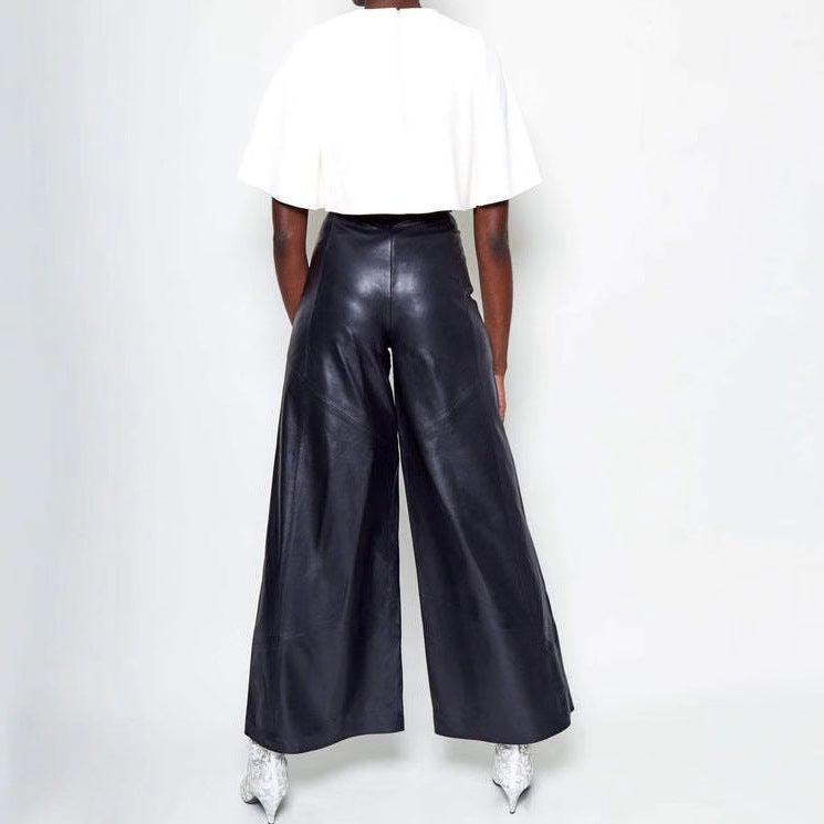 Trade Fashion Leather Pants Women'S High Waist Loose Pocket Waist Pu Leather Flared Pants Casual Trousers - Image 4