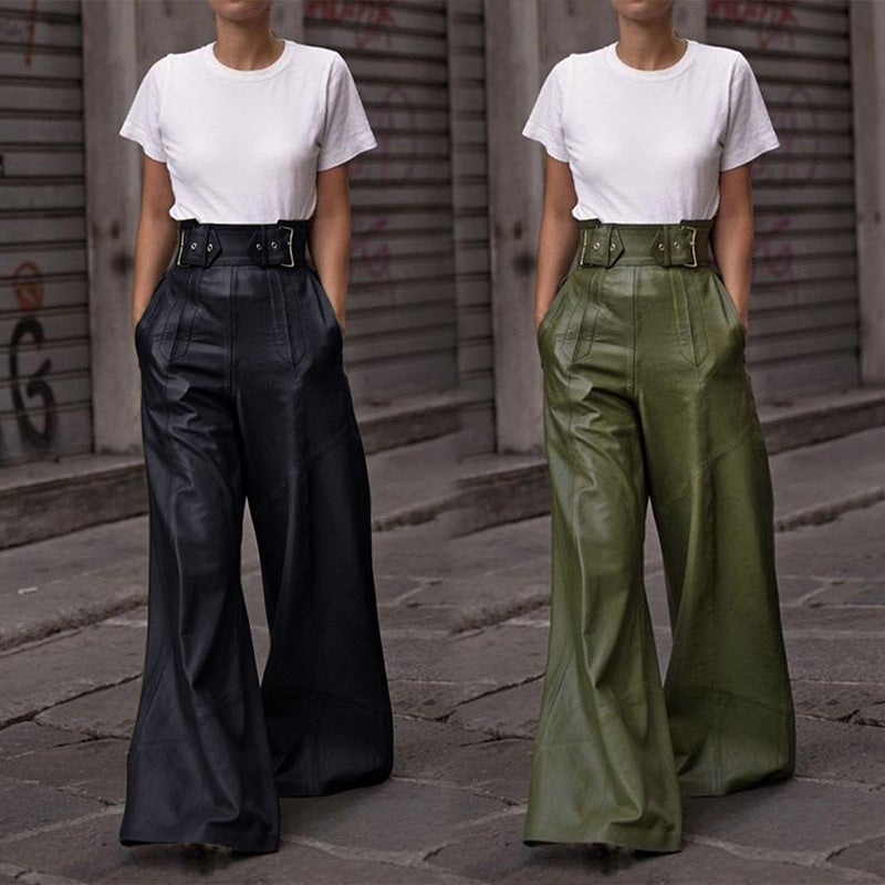 Trade Fashion Leather Pants Women'S High Waist Loose Pocket Waist Pu Leather Flared Pants Casual Trousers - Image 2