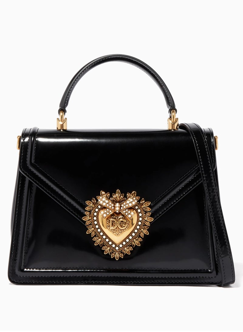 D&G D&G Devotion Medium Shiny Leather Bag, Women's Tote Bag, Women's Hand Bag, Women's Shoulder Bag, Women's Cross Body Bag, Glossy-Black-20cm - Image 1