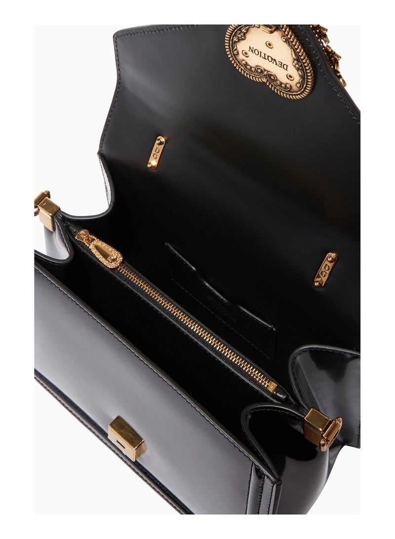 D&G D&G Devotion Medium Shiny Leather Bag, Women's Tote Bag, Women's Hand Bag, Women's Shoulder Bag, Women's Cross Body Bag, Glossy-Black-20cm - Image 4