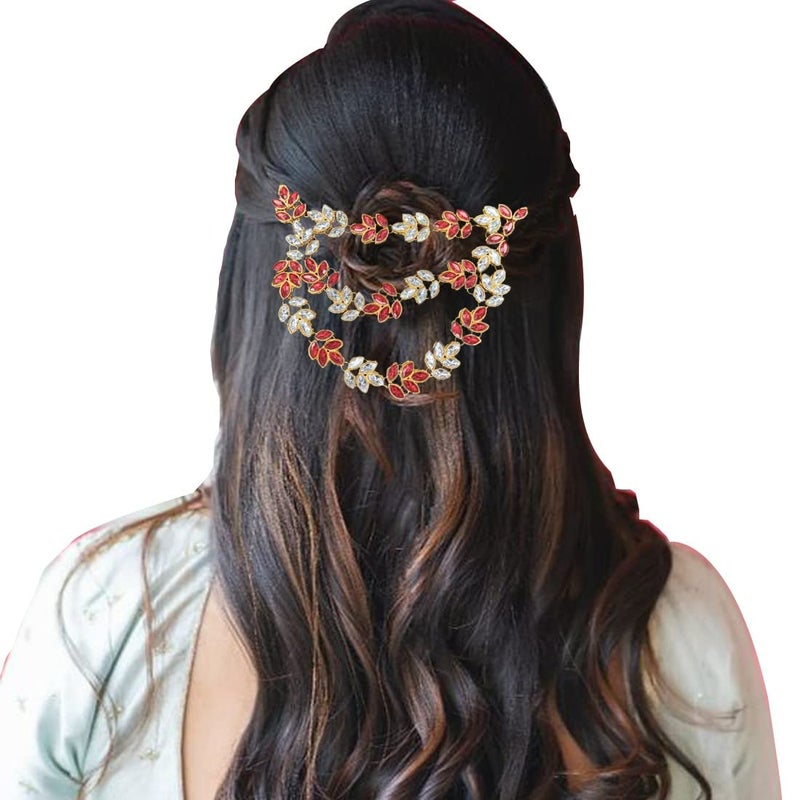 Imaashi Rhinestone Kundan Work Wedding Tiara Headband Bridal Headpiece Hair Chain for Party Hair Accessories for Girls Women (White & Red) - Image 1