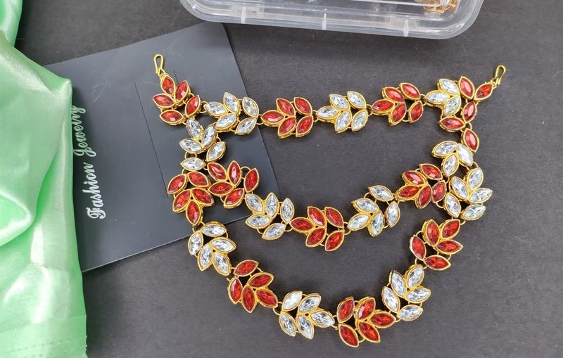 Imaashi Rhinestone Kundan Work Wedding Tiara Headband Bridal Headpiece Hair Chain for Party Hair Accessories for Girls Women (White & Red) - Image 2