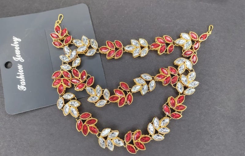 Imaashi Rhinestone Kundan Work Wedding Tiara Headband Bridal Headpiece Hair Chain for Party Hair Accessories for Girls Women (White & Red) - Image 3