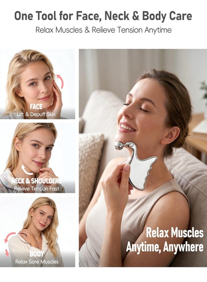 Amirce Stainless Steel Gua Sha with Eye Roller for Jawline Sculpting, Cheeks & Chin - Image 3