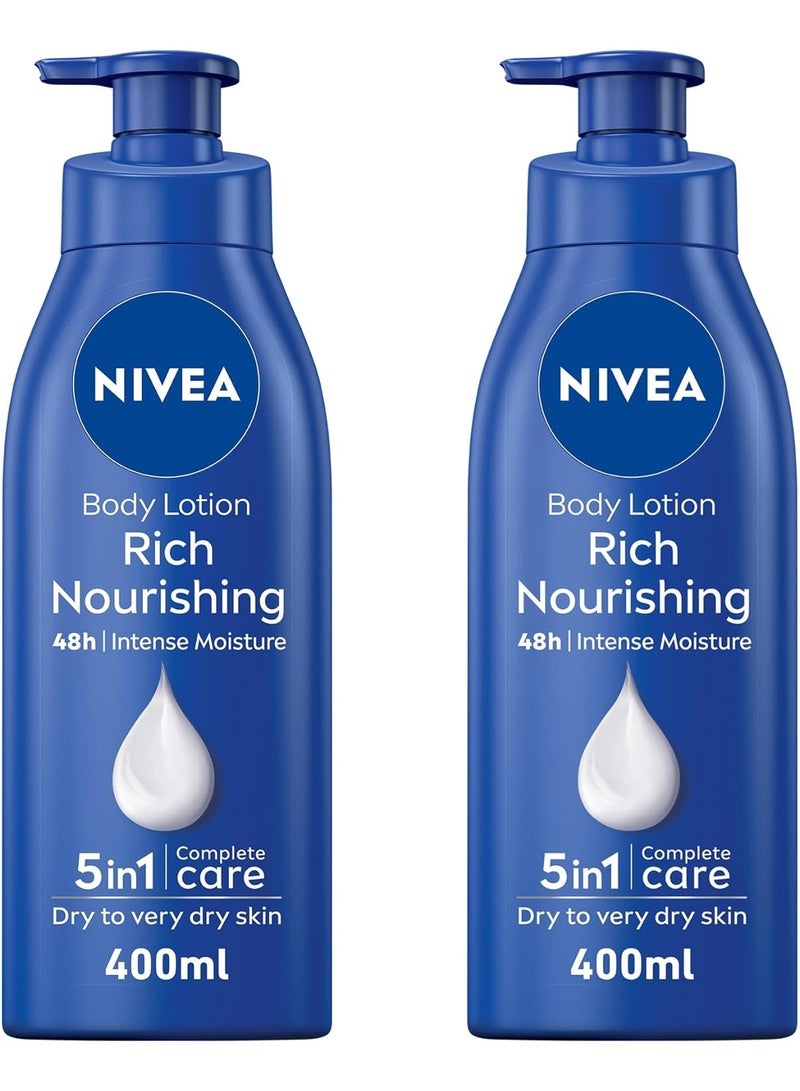 نيفيا عبوة من 2 لوشن للجسم للبشرة الجافة إلى الجافة جدًا، غني ومغذي، 5 في 1 عناية كاملة، ترطيب مكثف لمدة 48 ساعة، 2 × 400 مل - Image 2