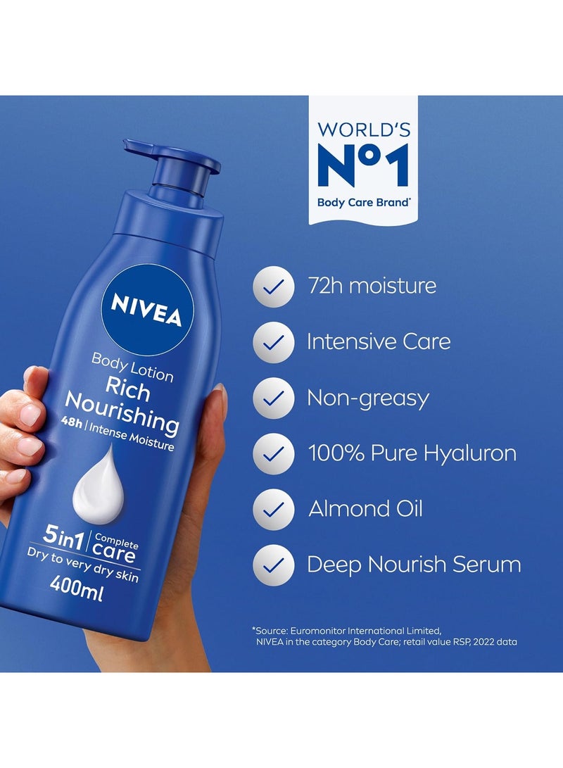 نيفيا عبوة من 2 لوشن للجسم للبشرة الجافة إلى الجافة جدًا، غني ومغذي، 5 في 1 عناية كاملة، ترطيب مكثف لمدة 48 ساعة، 2 × 400 مل - Image 4