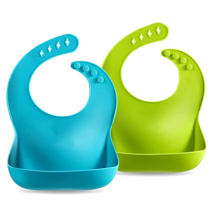PandaEar Set of 2 Cute Silicone Baby Bibs for Babies & Toddlers (10-72 Months) Waterproof, Soft, Unisex, Non Messy - Turquoise/Lime Green - Image 1