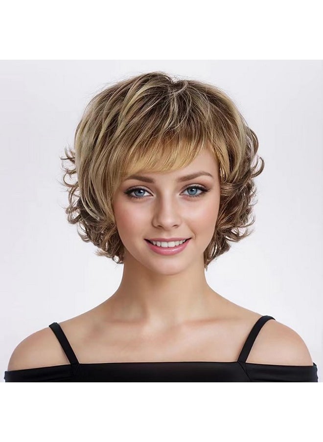 SENHORAS Brown Ombre Blonde Wig Short Hair Wigs For Women Natural Wavy Dark Brown Mix Blonde Synthetic Wig Costume Cosplay  - Image 2