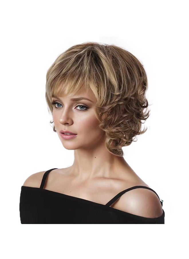 SENHORAS Brown Ombre Blonde Wig Short Hair Wigs For Women Natural Wavy Dark Brown Mix Blonde Synthetic Wig Costume Cosplay  - Image 1