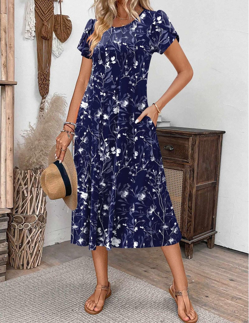 Zeagoo Short Sleeve Dress for Women Cotton Summer Midi Dresses Flowy Sundress for Vacation Printed Beach Dress,XXL - Image 2