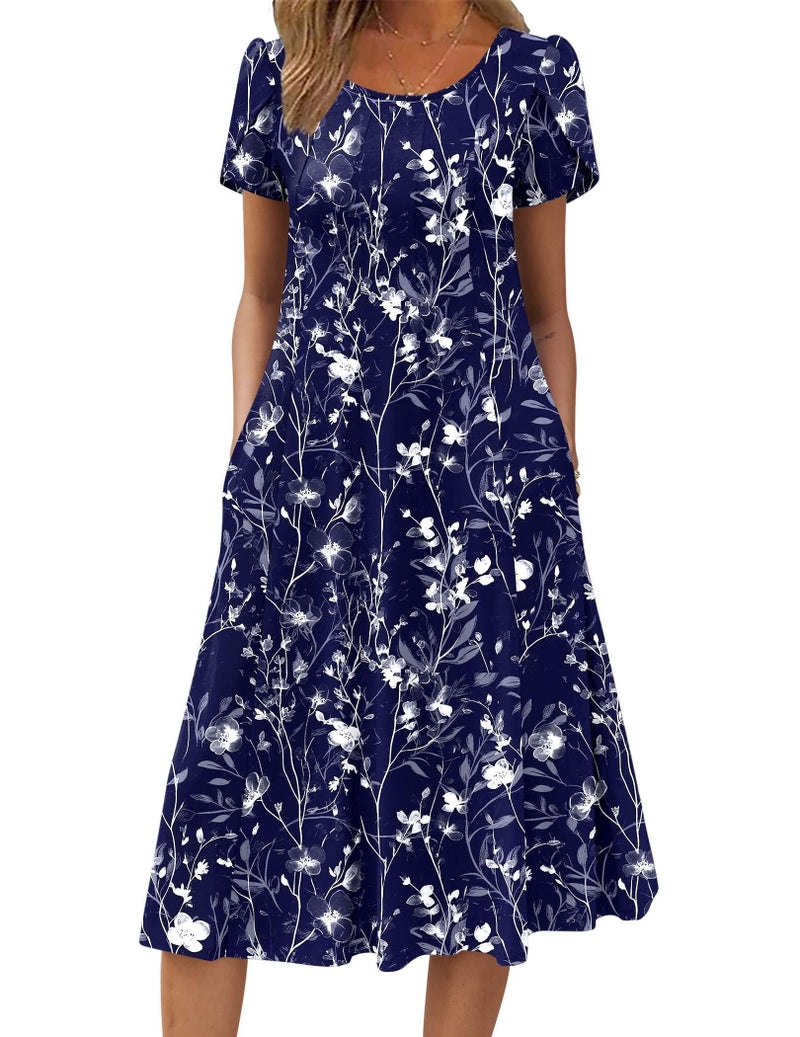 Zeagoo Short Sleeve Dress for Women Cotton Summer Midi Dresses Flowy Sundress for Vacation Printed Beach Dress,XXL - Image 1