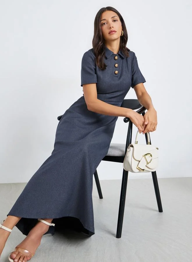 Styli Navy A-Line Maxi Dress with Short Sleeves