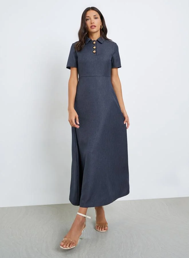 Styli Navy A-Line Maxi Dress with Short Sleeves