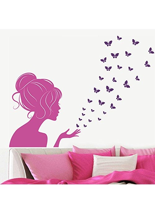 Decals Design Decals Design 'Lady in Pink with Butterflies' Wall Sticker (PVC Vinyl, 50 cm x 70 cm), Multicolour  - Image 1